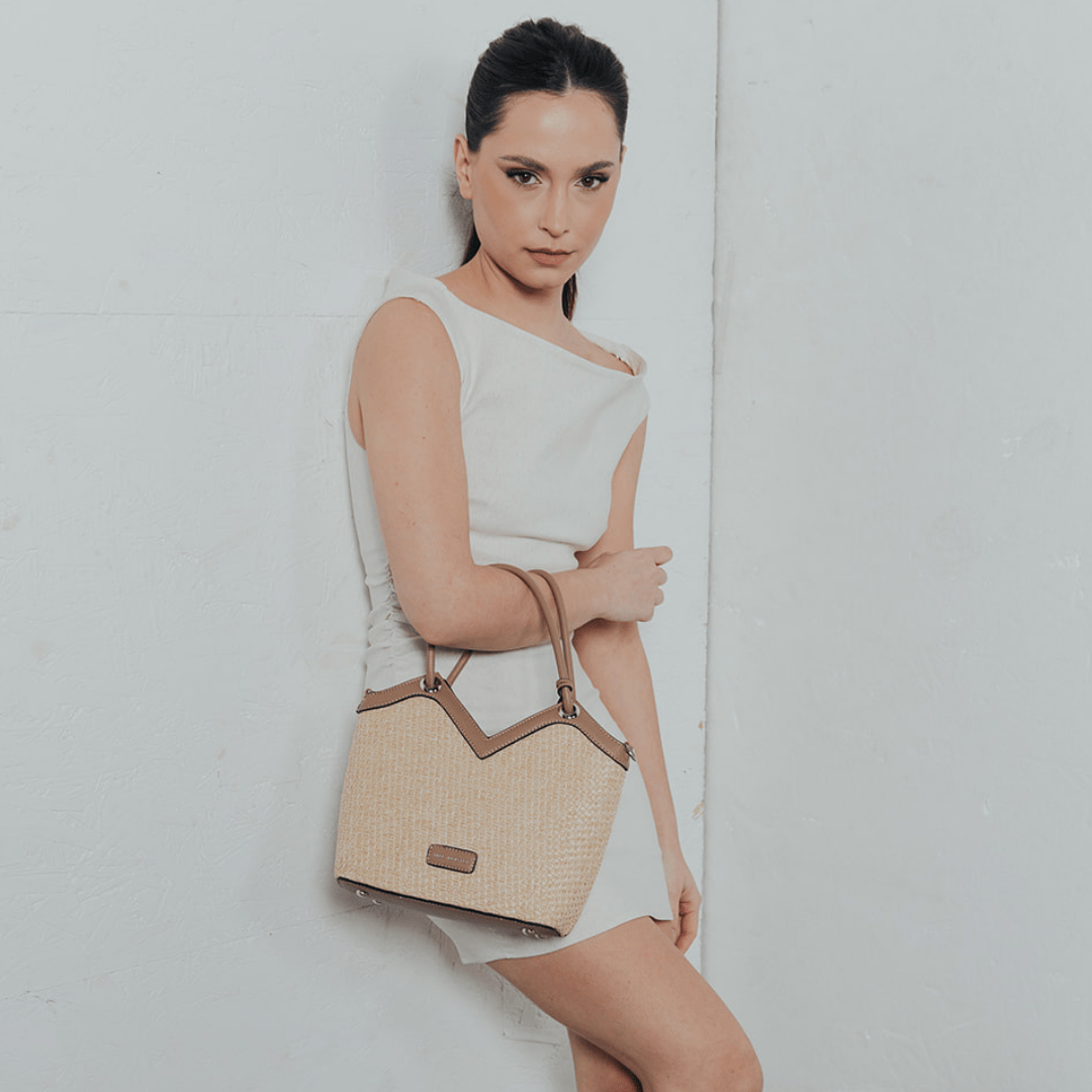 MAC ALYSTER Saint-Raphaël sac seau taupe effet raphia
