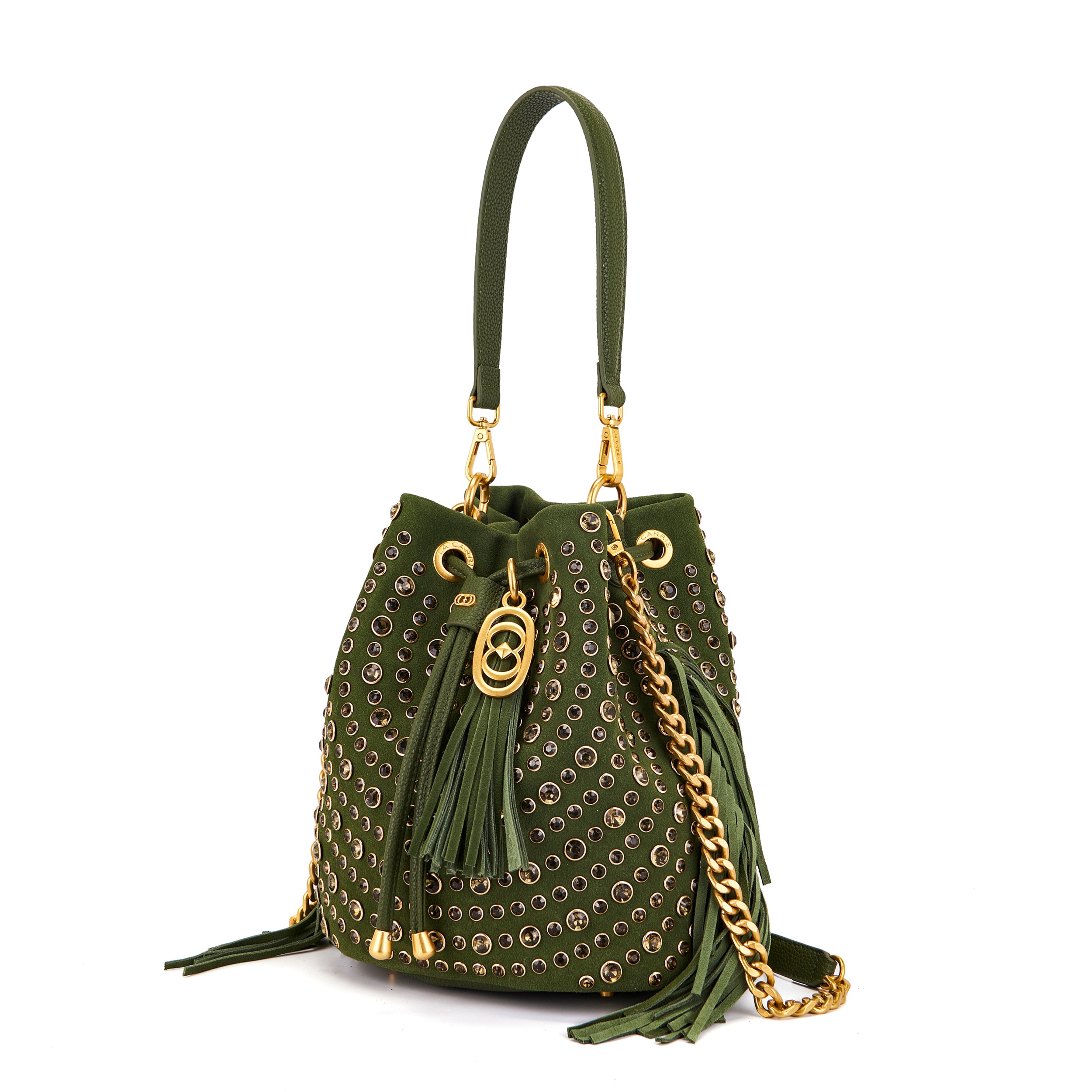 La Carrie Andromeda sac seau cuir vert 26x19x28 strass