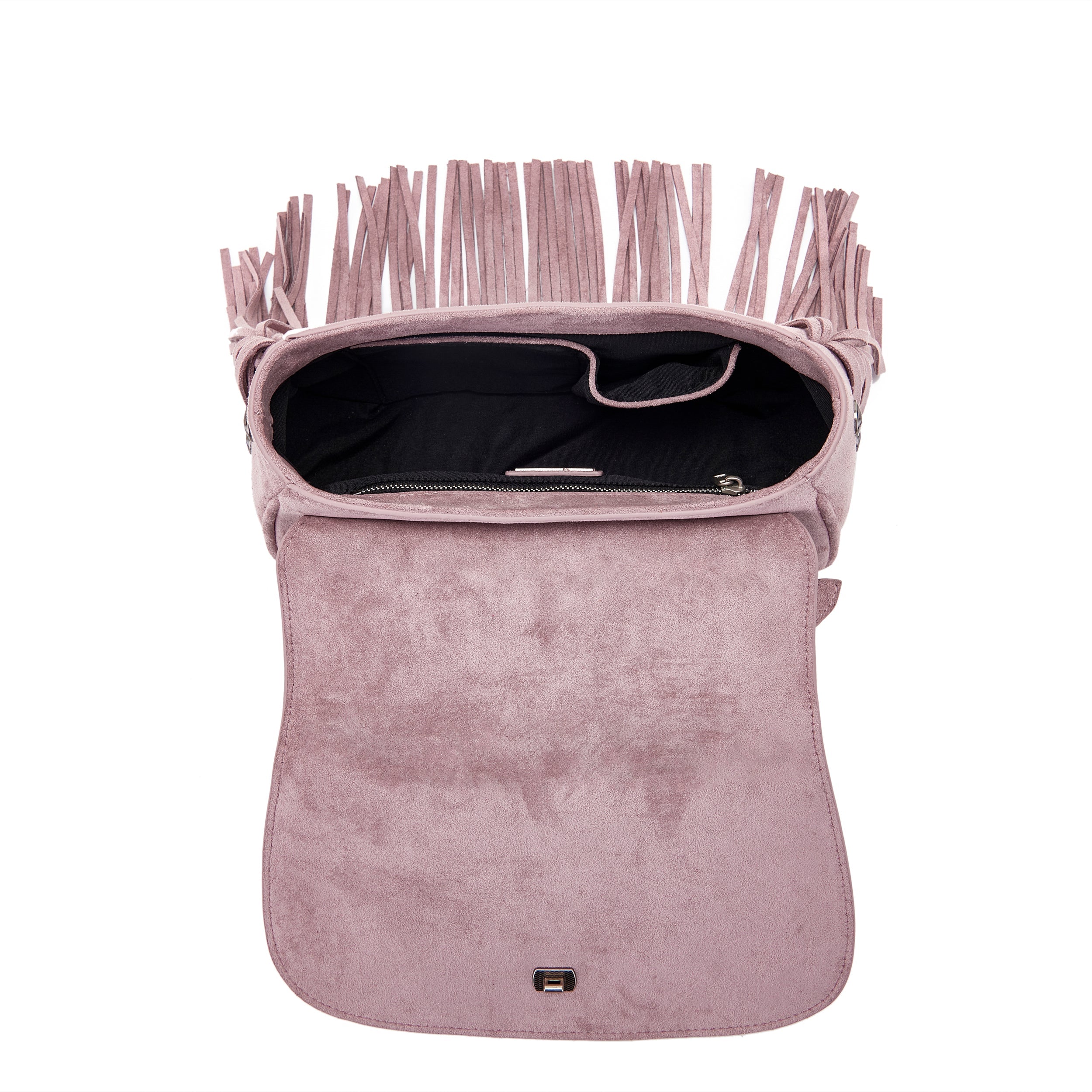 La Carrie Aztec Sac Épaule Rose Suède Franges 26x11x17 cm