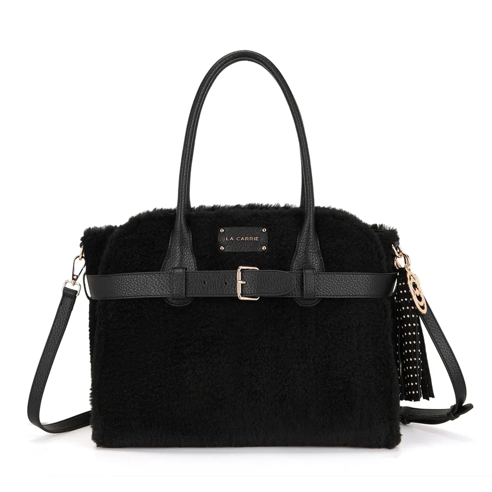 La Carrie Teddy sac shopping noir 35 cm fourrure