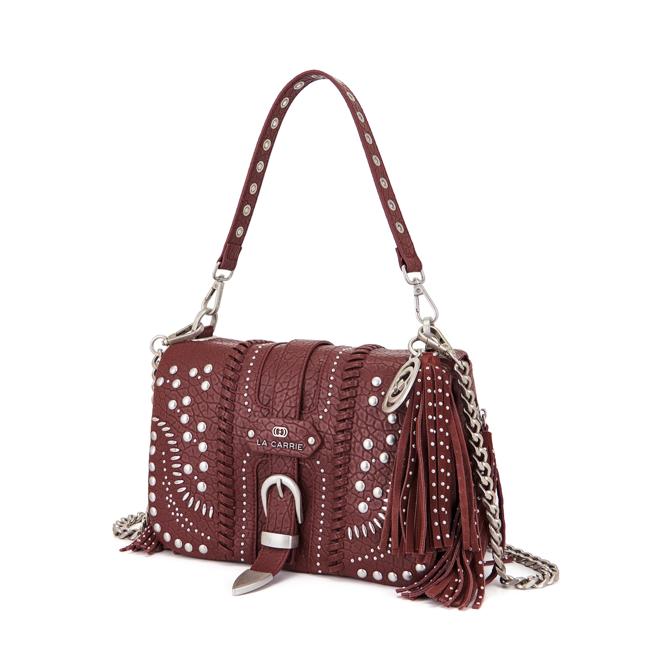 La Carrie Isabel Moterrey sac bandoulière bordeaux clouté