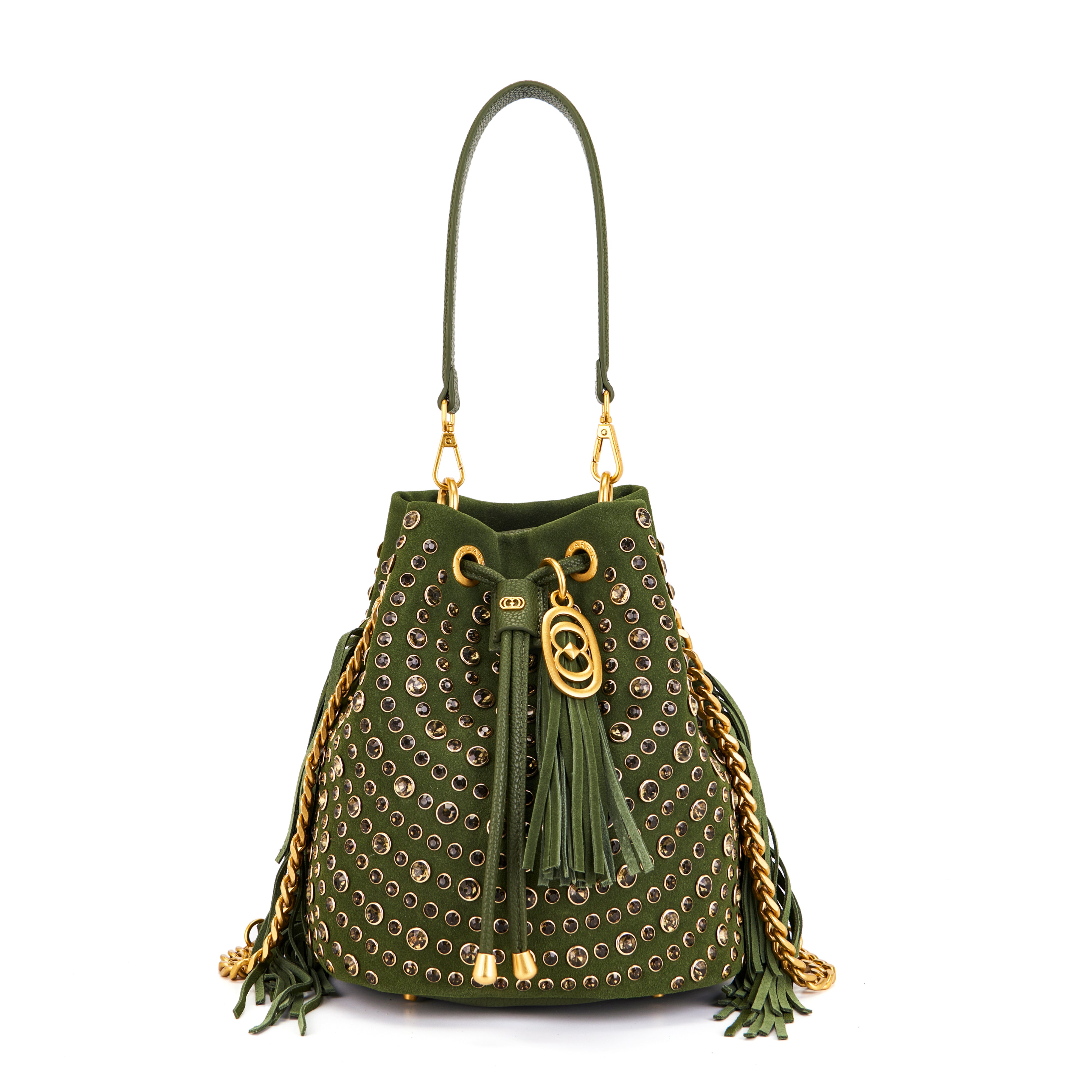 La Carrie Andromeda sac seau cuir vert 26x19x28 strass