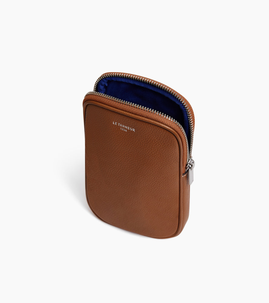 Le Tanneur étui téléphone cuir grainé zippé Brown Tan RFID