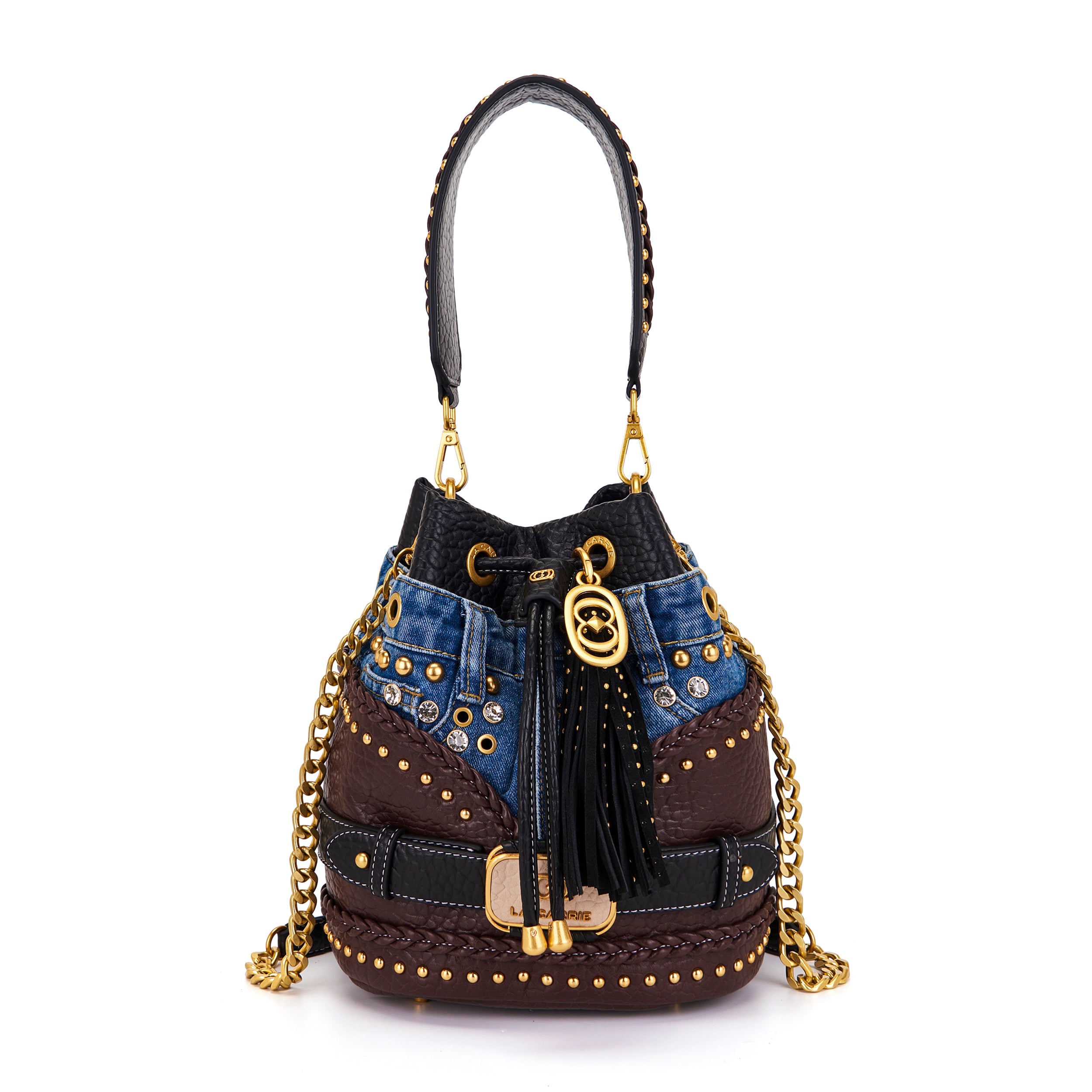La Carrie Bagghy sac seau DARK BROWN denim et cuir