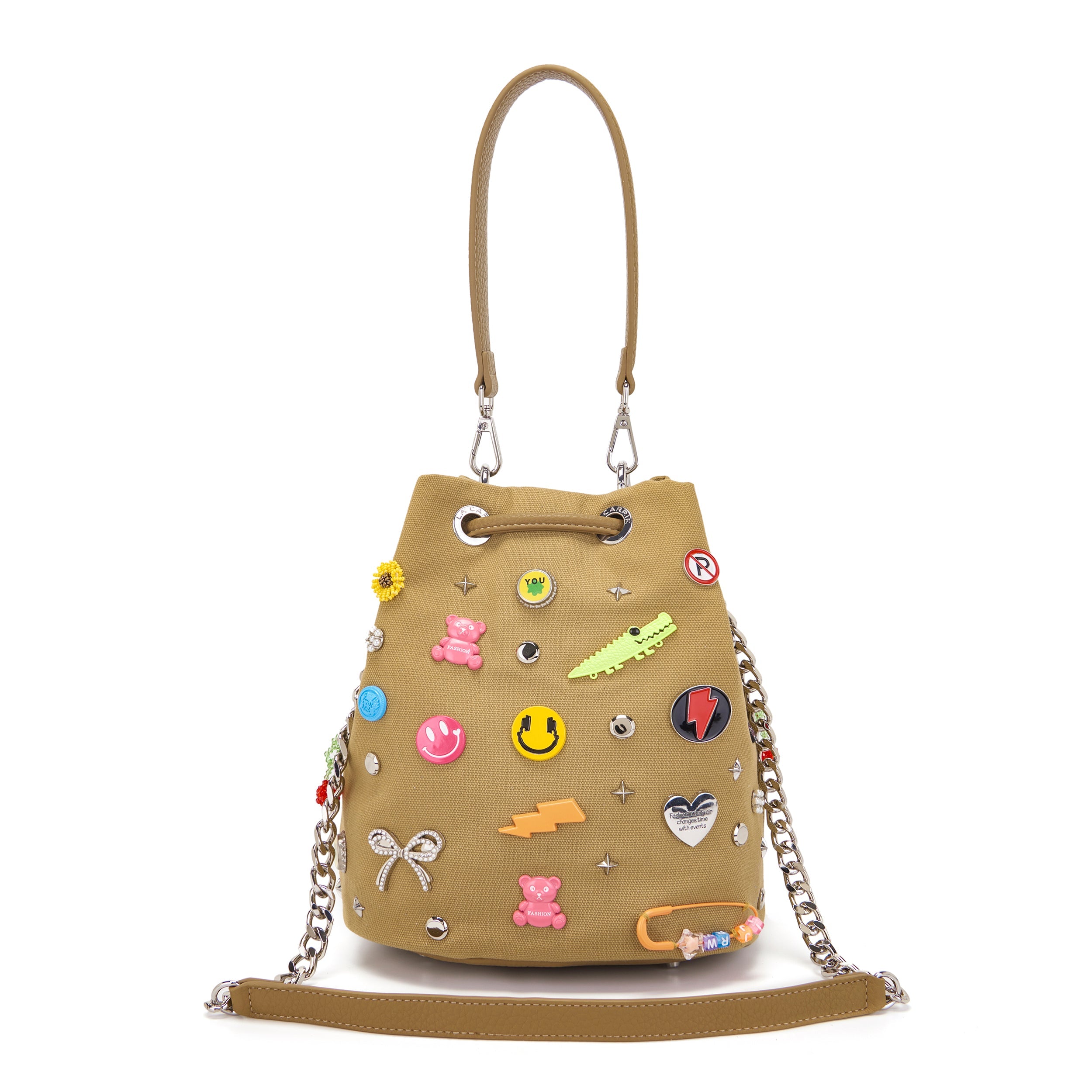 La Carrie Secchiello Pins sac seau taupe toile 26x19x28cm