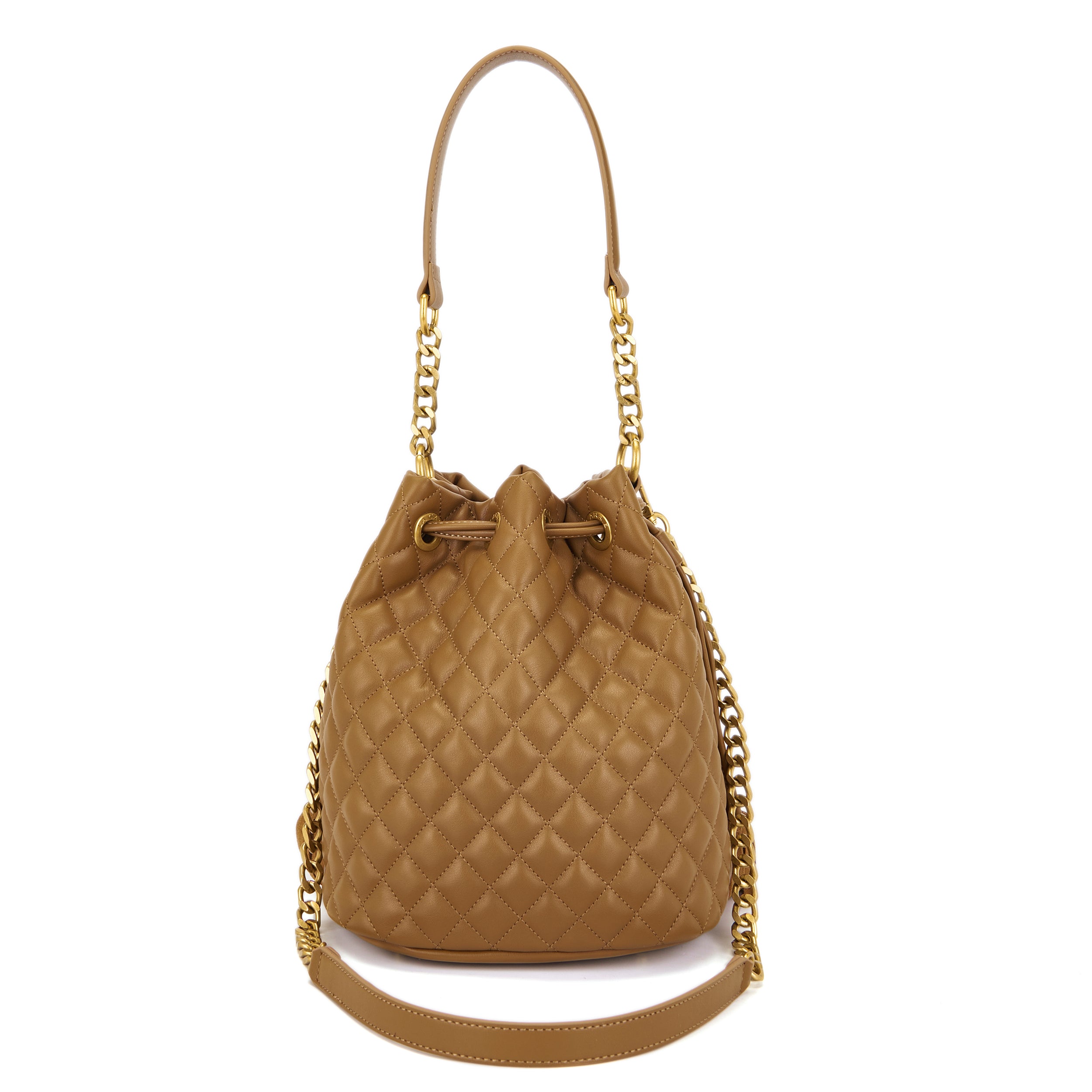 La Carrie Secchiello Touchy sac seau camel matelassé 24x17x26
