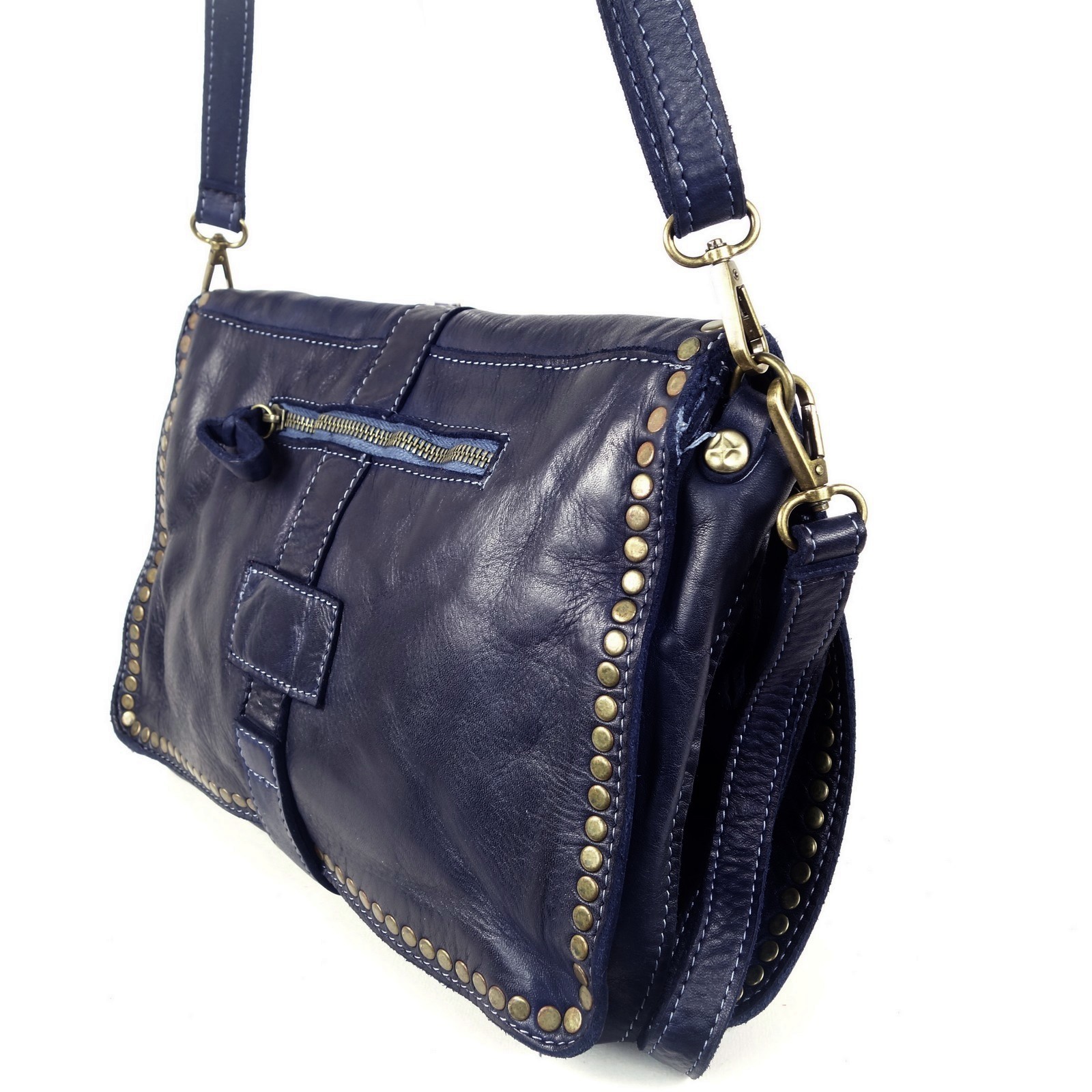 Collection Esprit Cuir Gena pochette bandoulière bleu cuir clouté