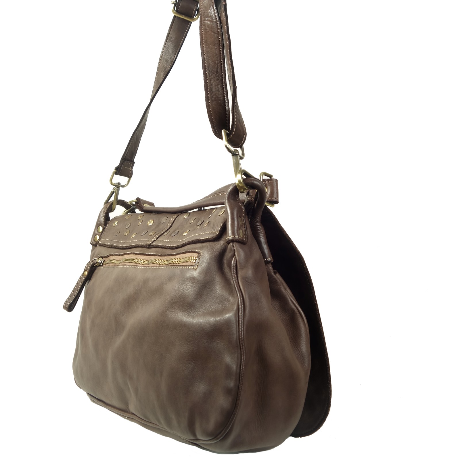 Collection Esprit Cuir Sac Besace Anna grande besace cuir café clous