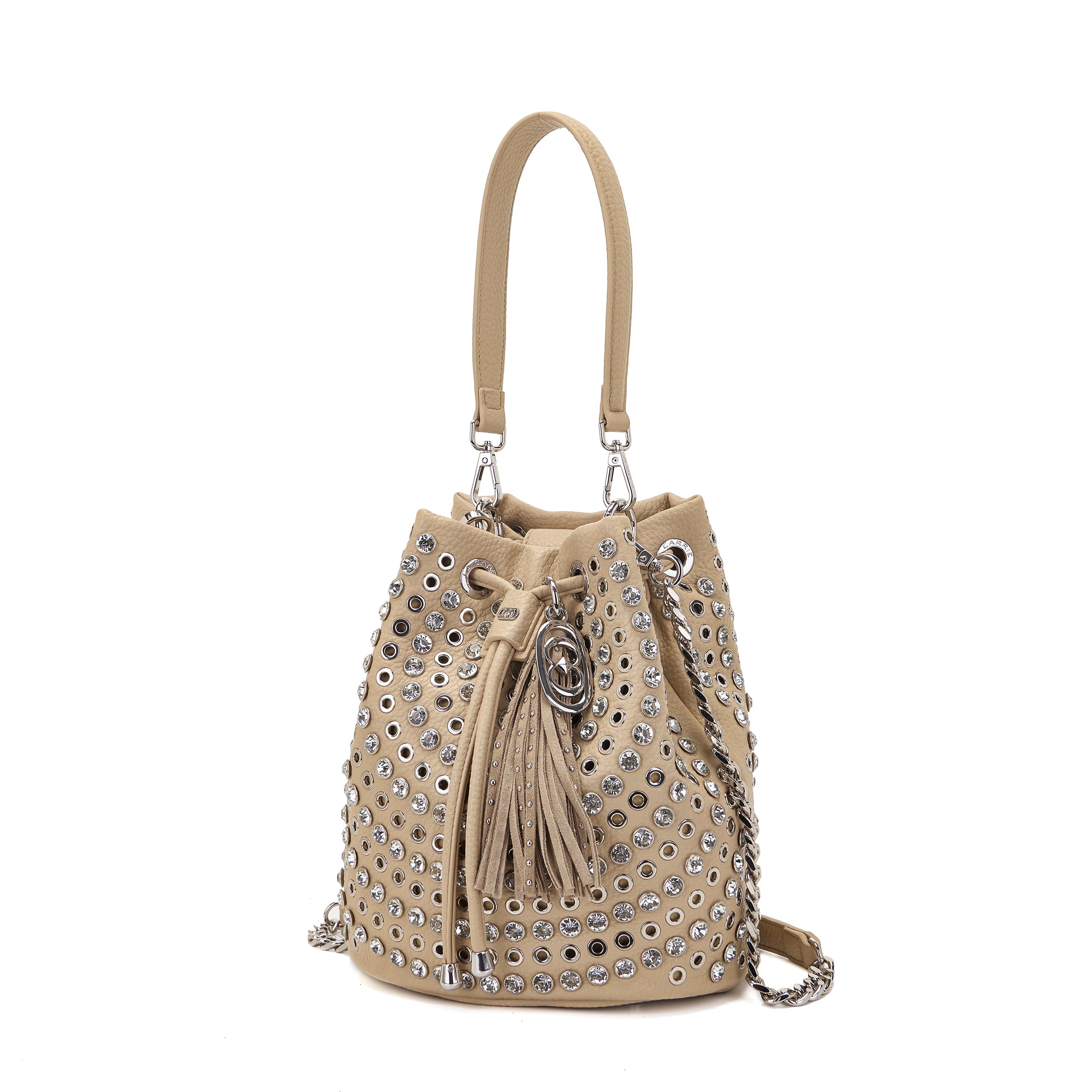 La Carrie Andromeda sac seau beige PU clouté 26 cm
