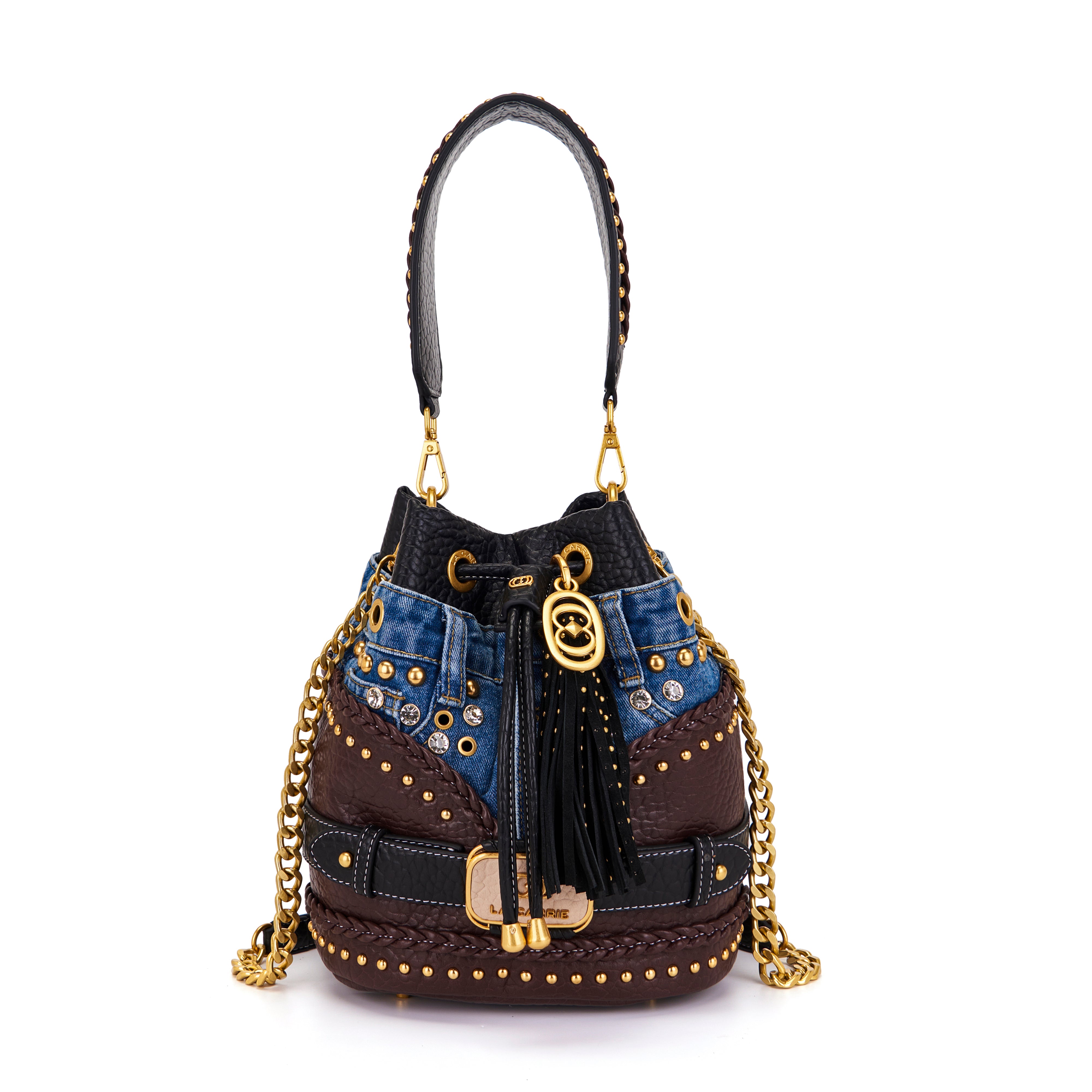 La Carrie Bagghy sac seau DARK BROWN denim et cuir