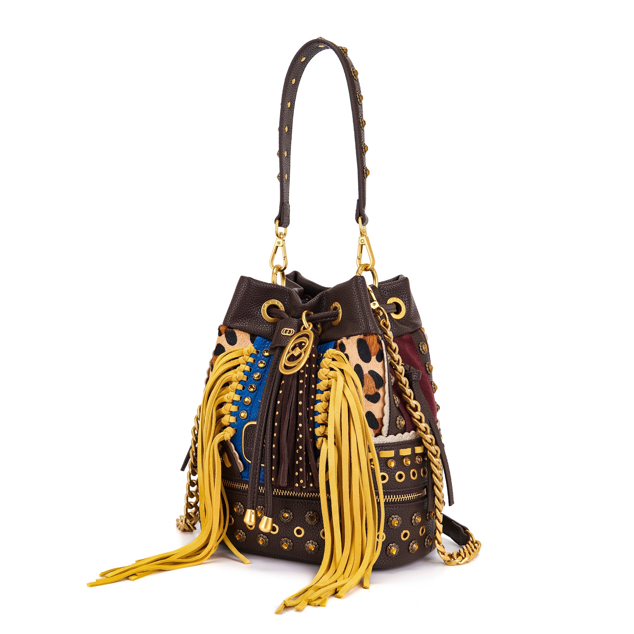 La Carrie Secchiello Jungle sac seau multi burgundy cuir
