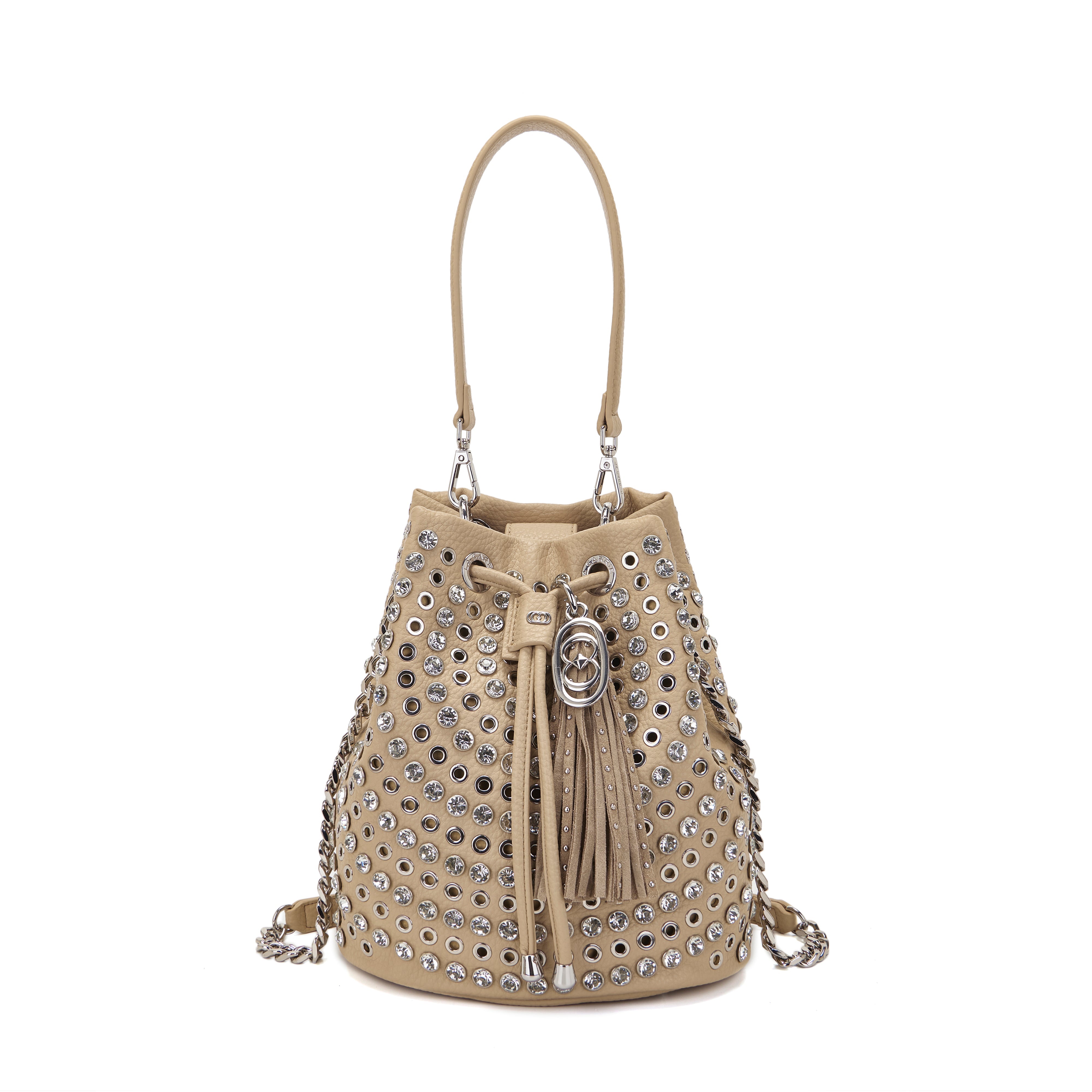 La Carrie Andromeda sac seau beige PU clouté 26 cm