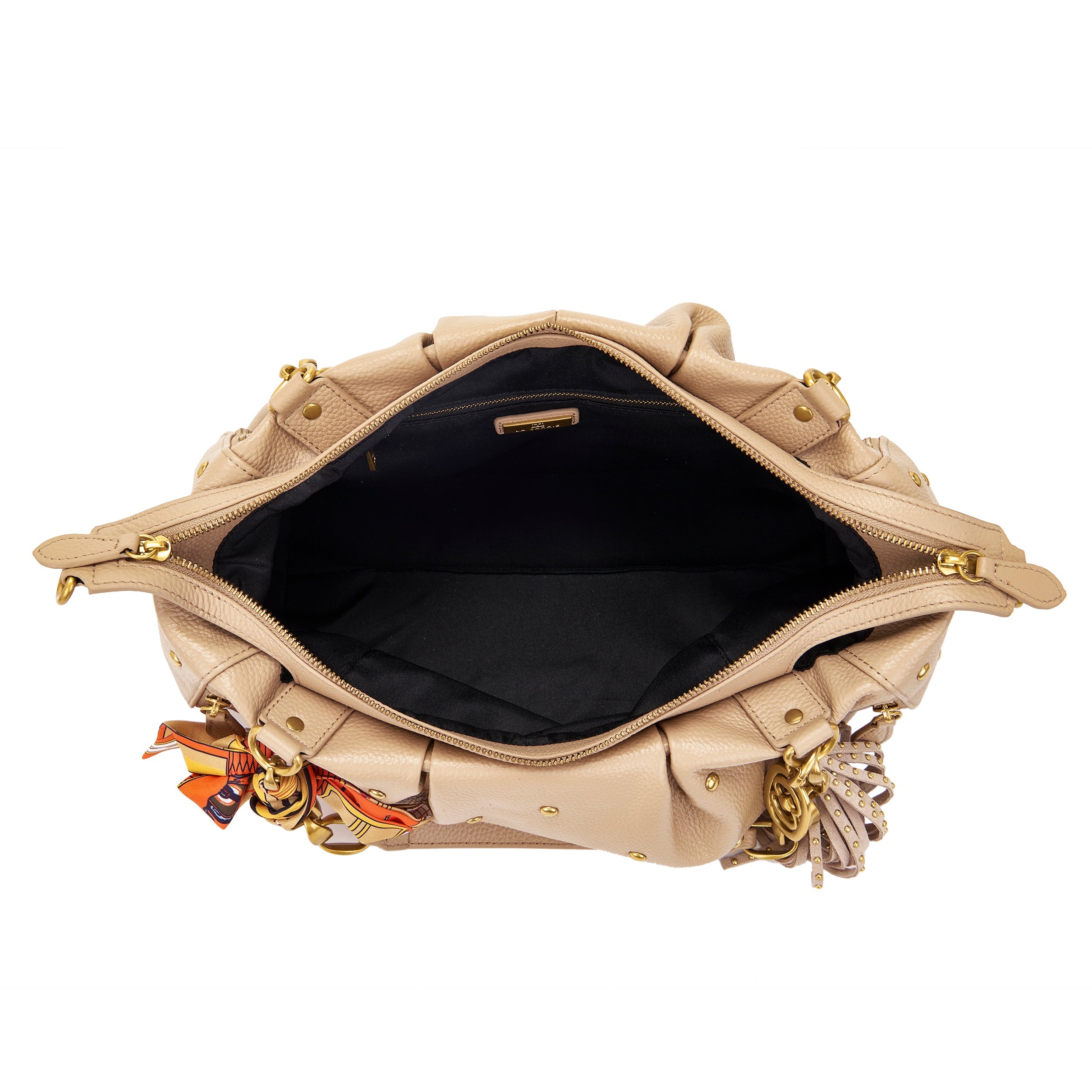 La Carrie Foulard sac shopping beige cuir clouté 34x21 cm