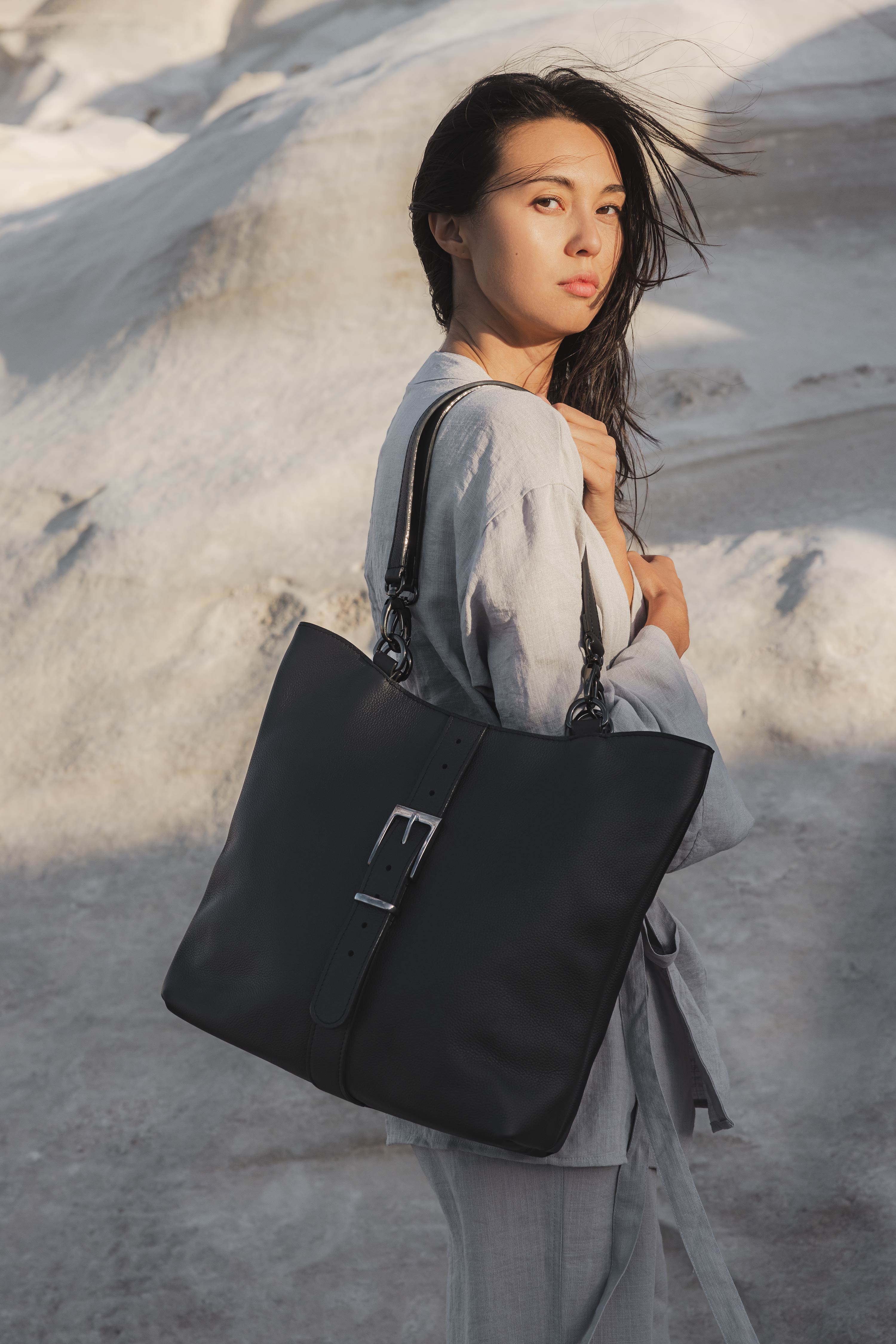 Nodie's Billy sac cabas cuir noir grainé grand format