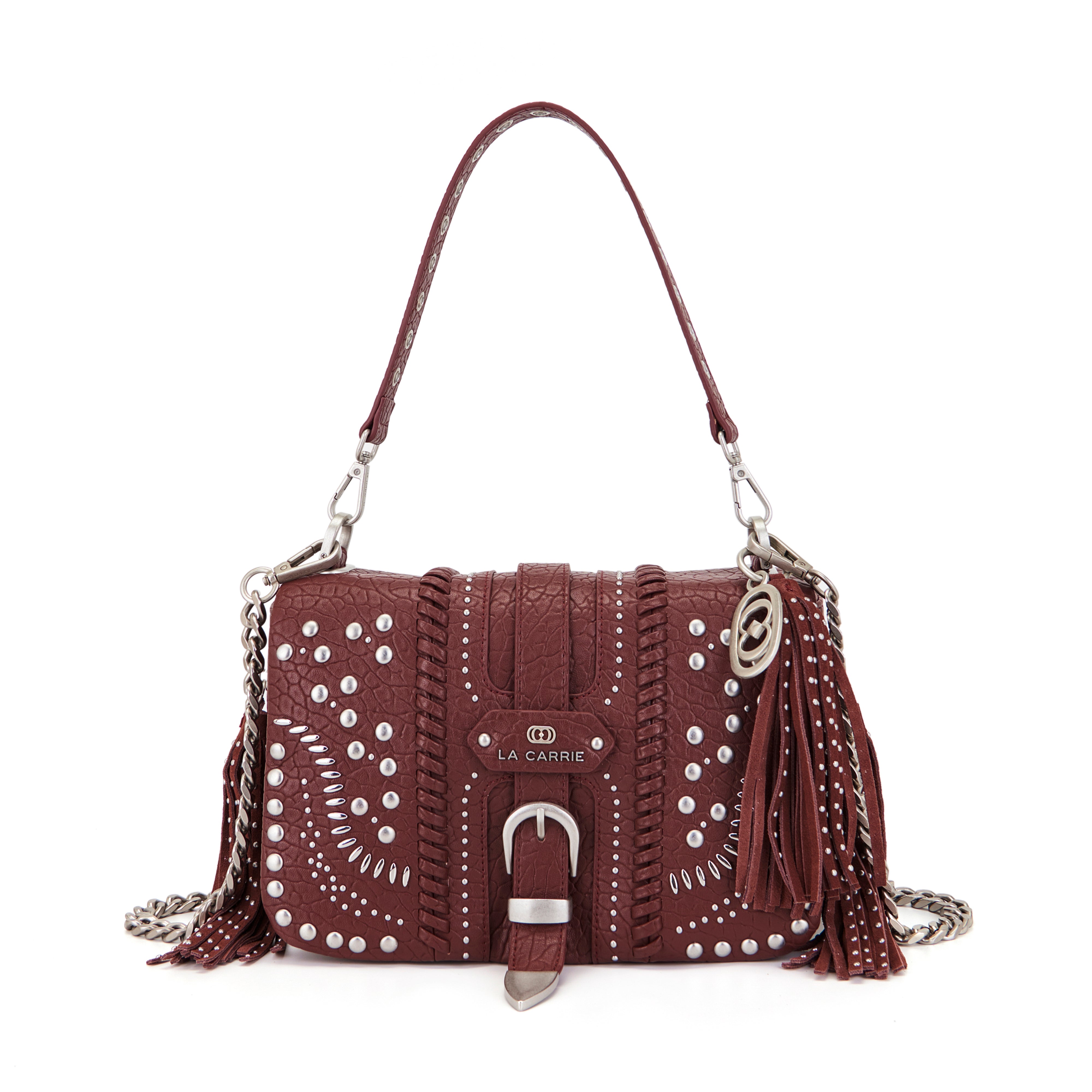 La Carrie Isabel Moterrey sac bandoulière bordeaux clouté