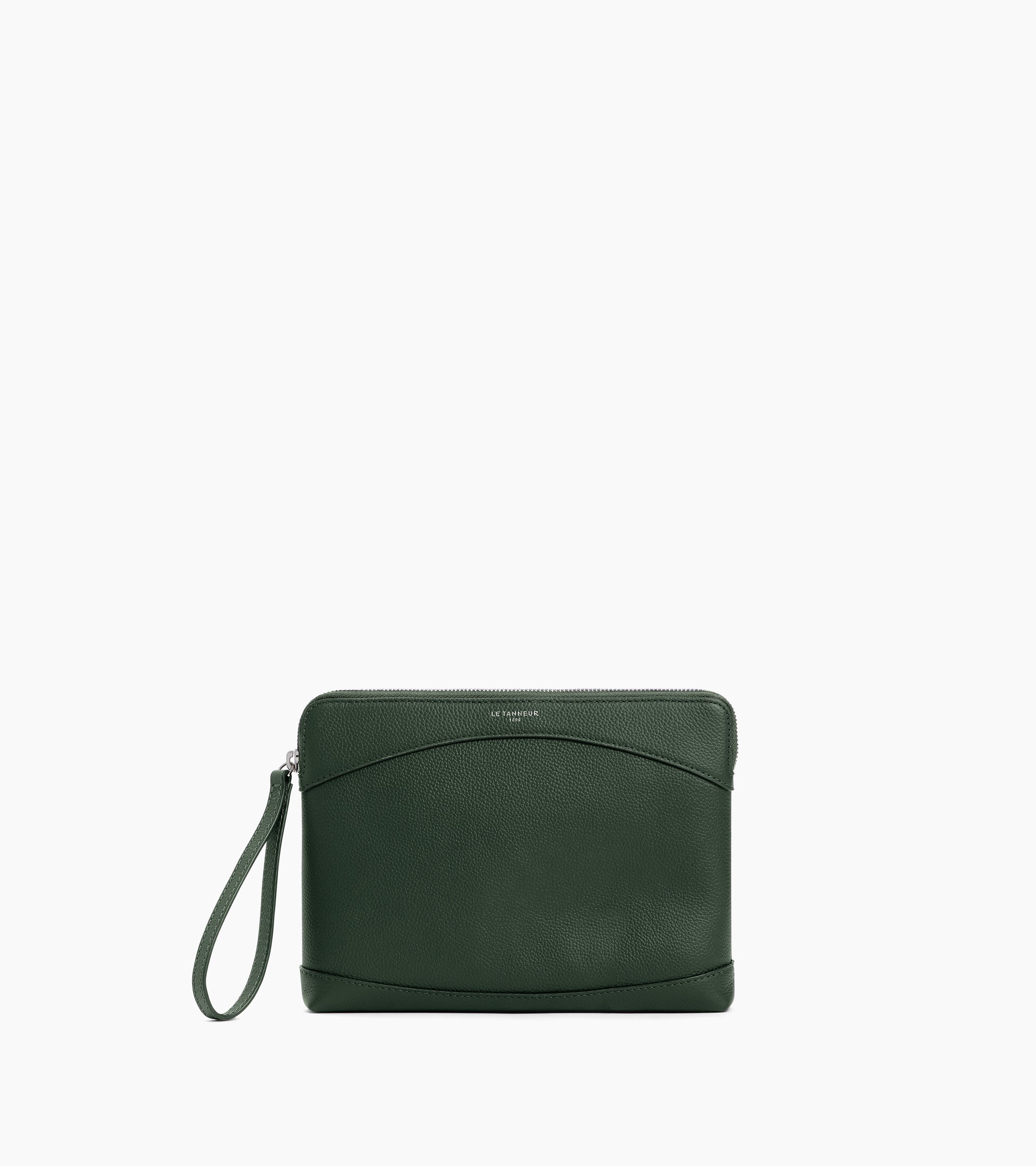 Le Tanneur pochette cuir grainé Green Malachite zippée