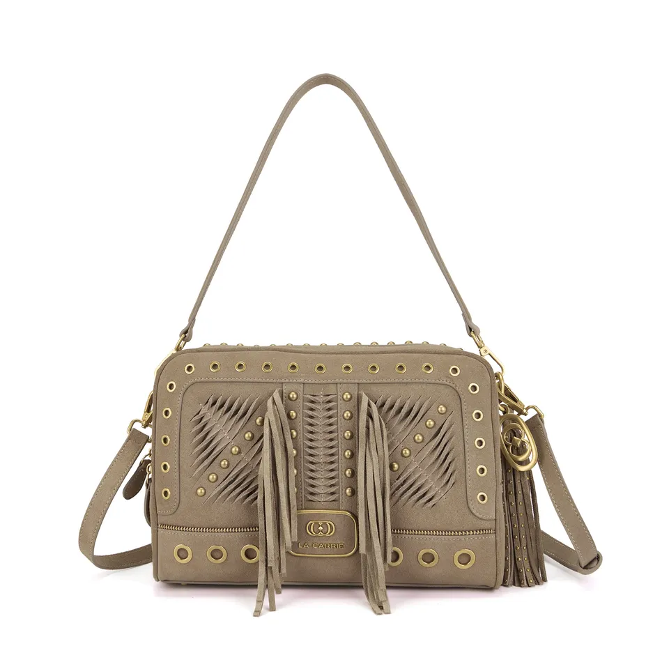 La Carrie Apallosa sac épaule taupe 31 cm suède franges
