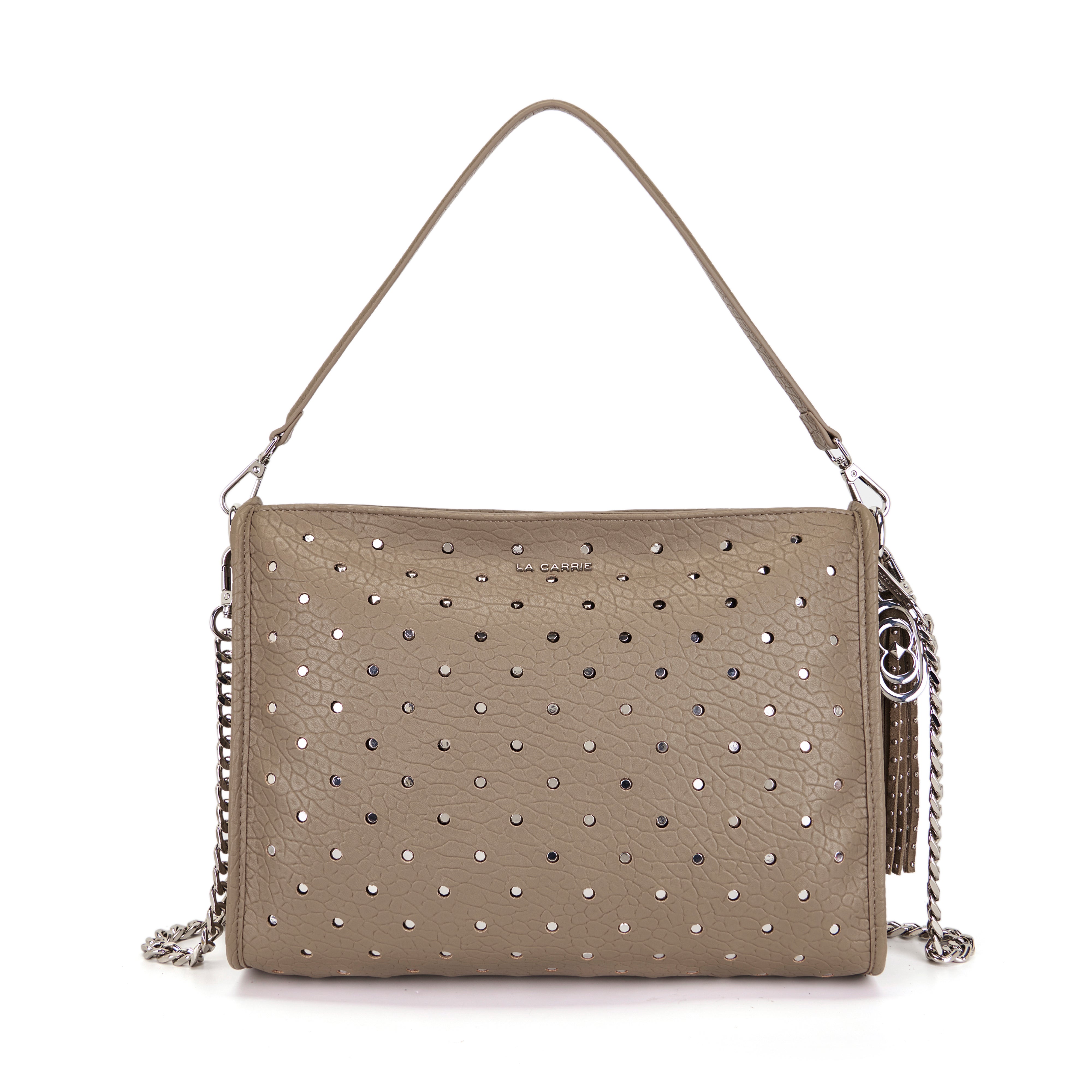 La Carrie Downtown sac épaule taupe 34 cm clouté