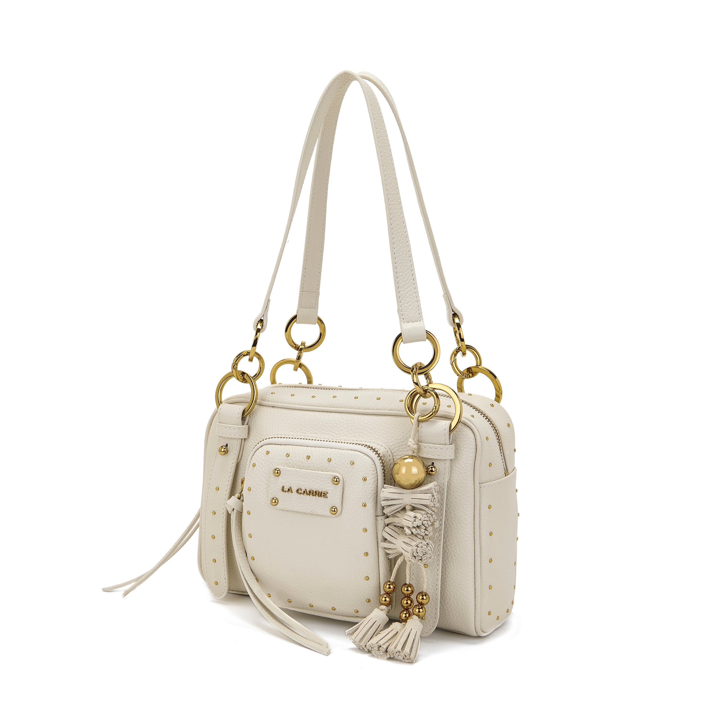 La Carrie Basic sac bandoulière cuir ivoire 26 cm clouté