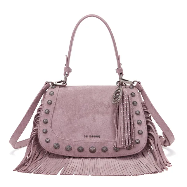 La Carrie Aztec Sac Épaule Rose Suède Franges 26x11x17 cm