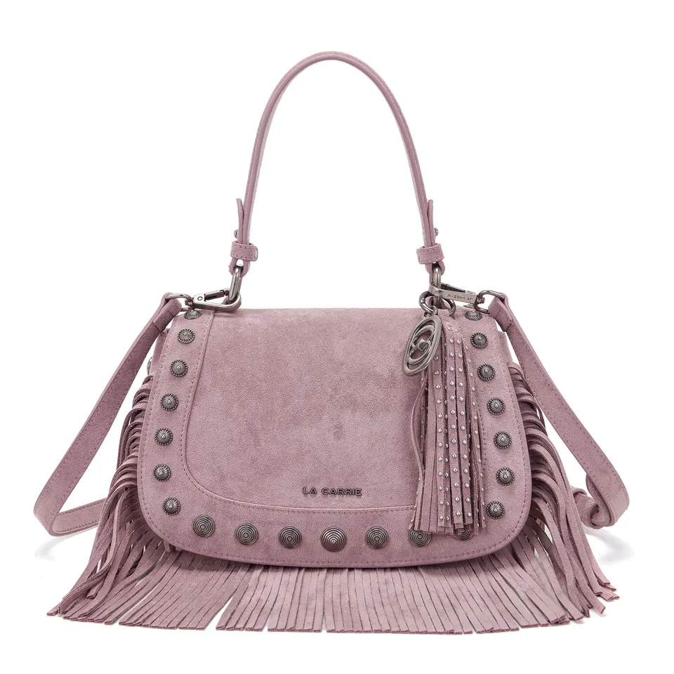 La Carrie Aztec Sac Épaule Rose Suède Franges 26x11x17 cm