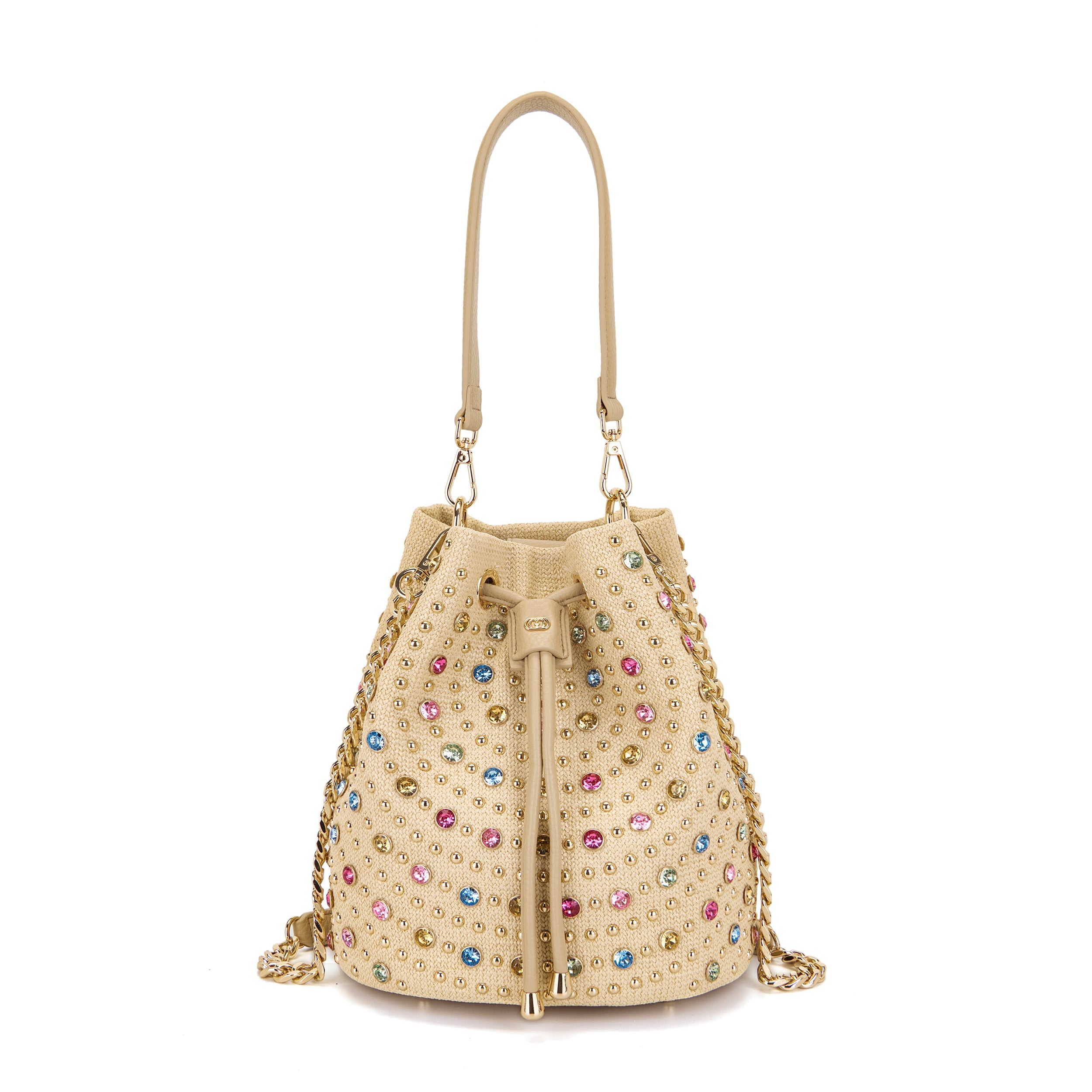 La Carrie Andromeda sac seau beige 26 cm raffia clous