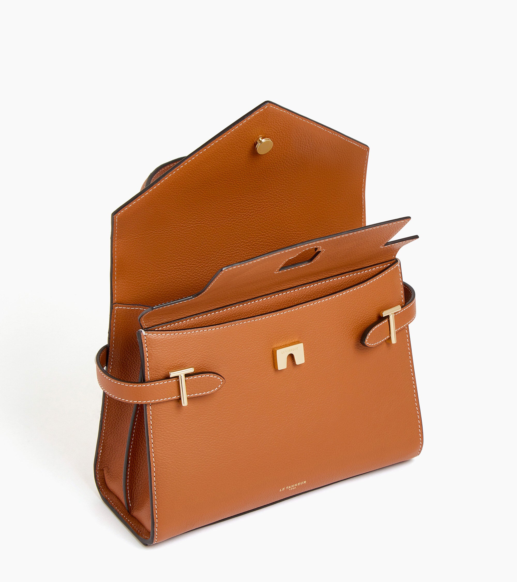 Le Tanneur Emilie sac à main double rabat cuir grainé Brown Tan