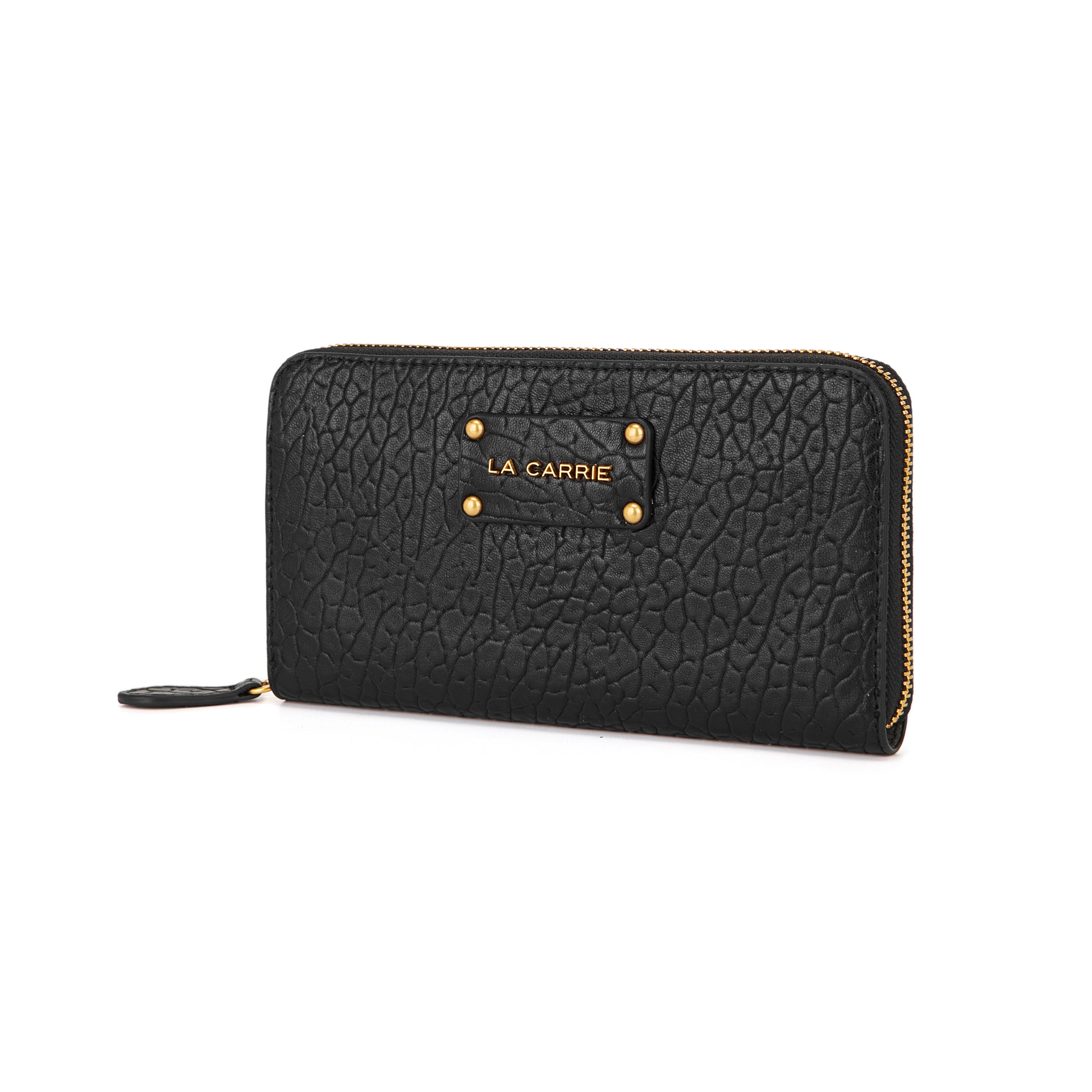 La Carrie Wallet portefeuille zip noir relief doré