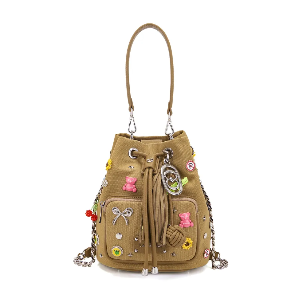La Carrie Secchiello Pins sac seau taupe toile 26x19x28cm