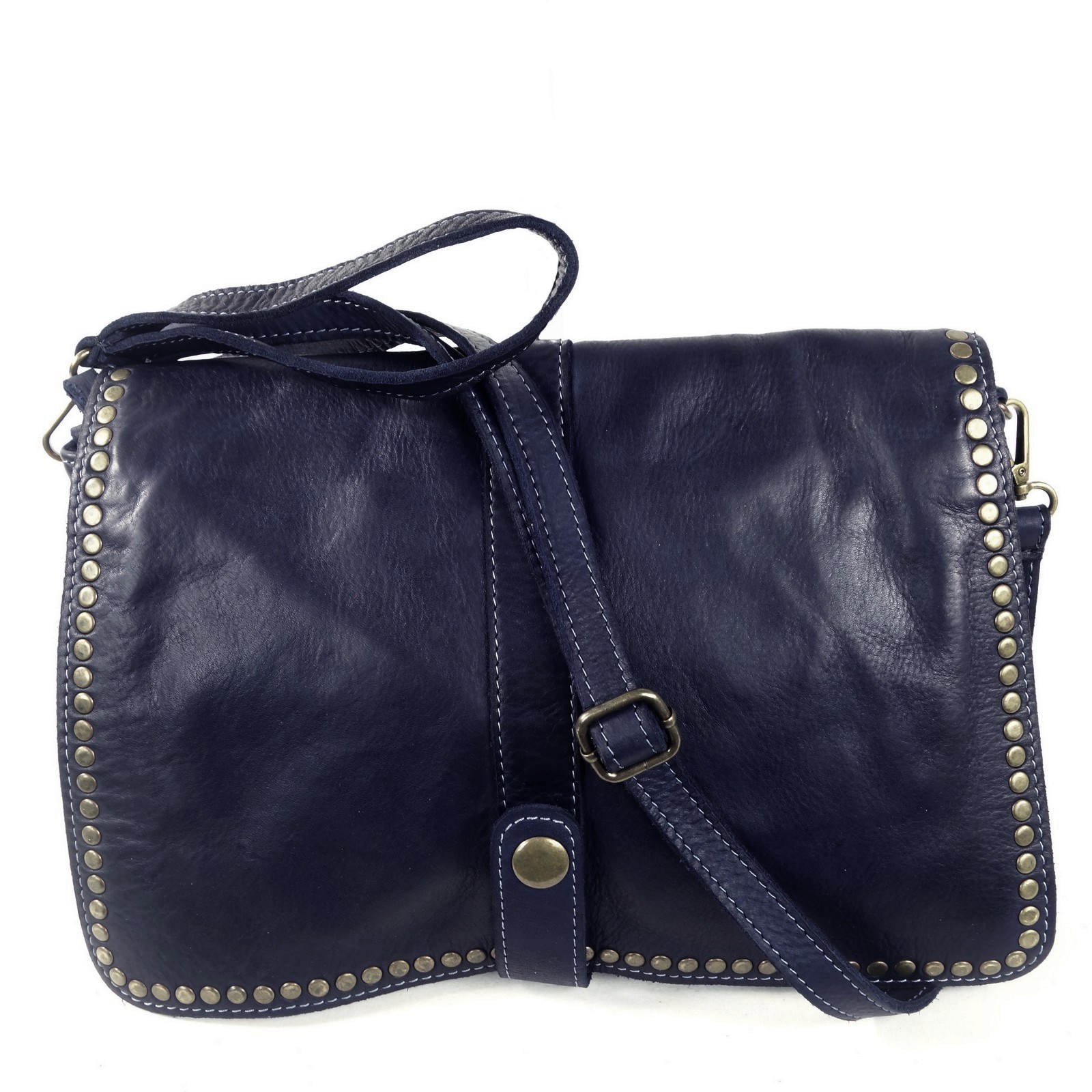 Collection Esprit Cuir Gena pochette bandoulière bleu cuir clouté