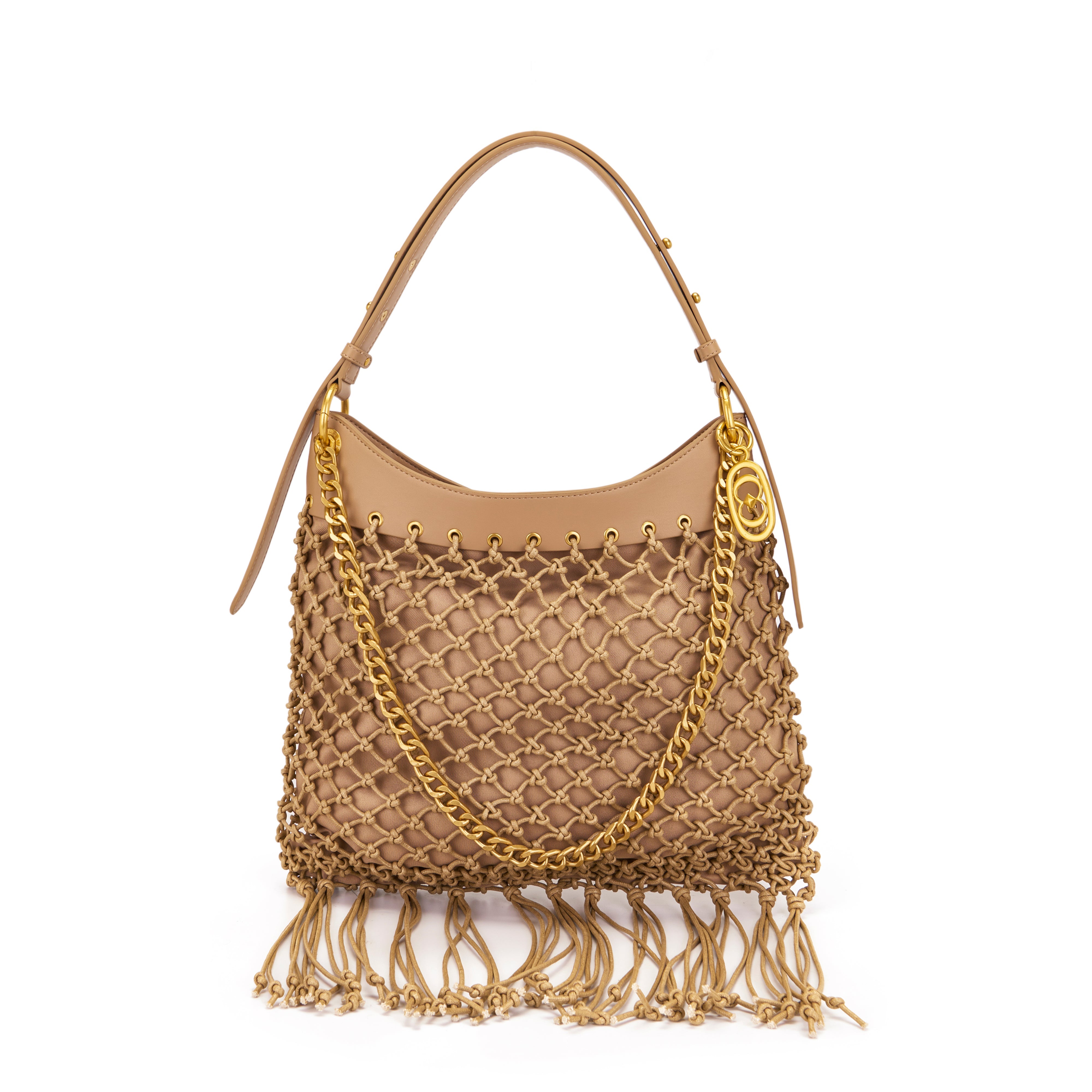 La Carrie Fringe sac épaule beige 39 x 34 cm corde