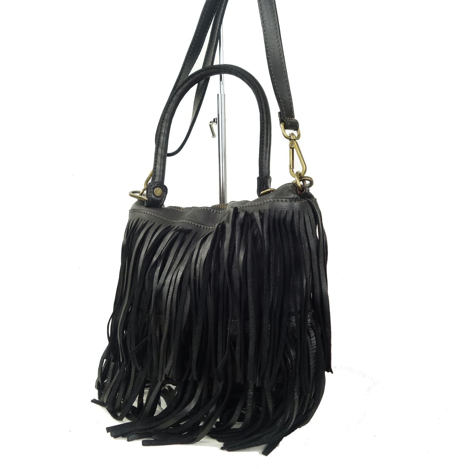 Collection Esprit Cuir Pia sac bandoulière cuir noir franges