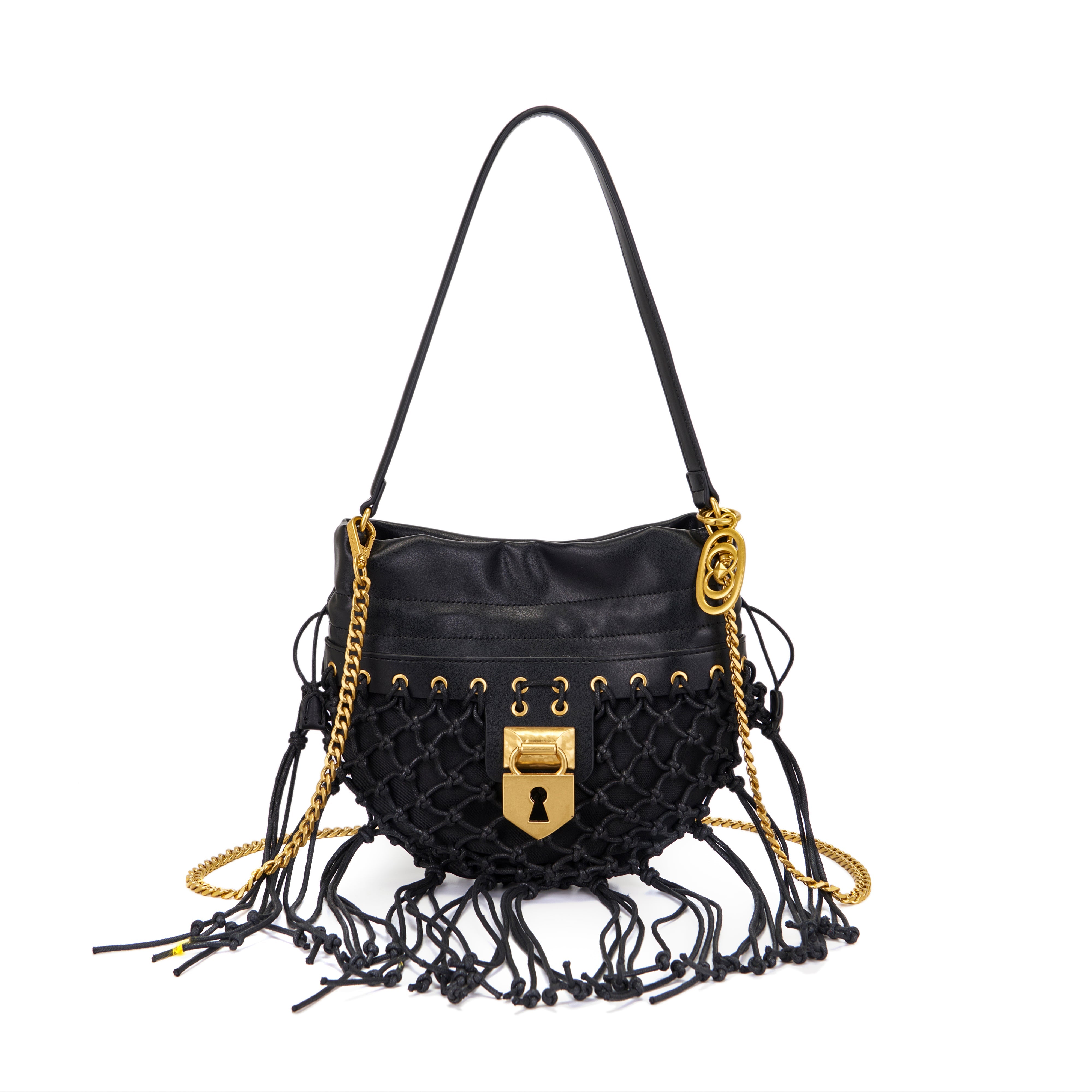 La Carrie Bag Fringe sac bandoulière noir corde 26x3x28cm