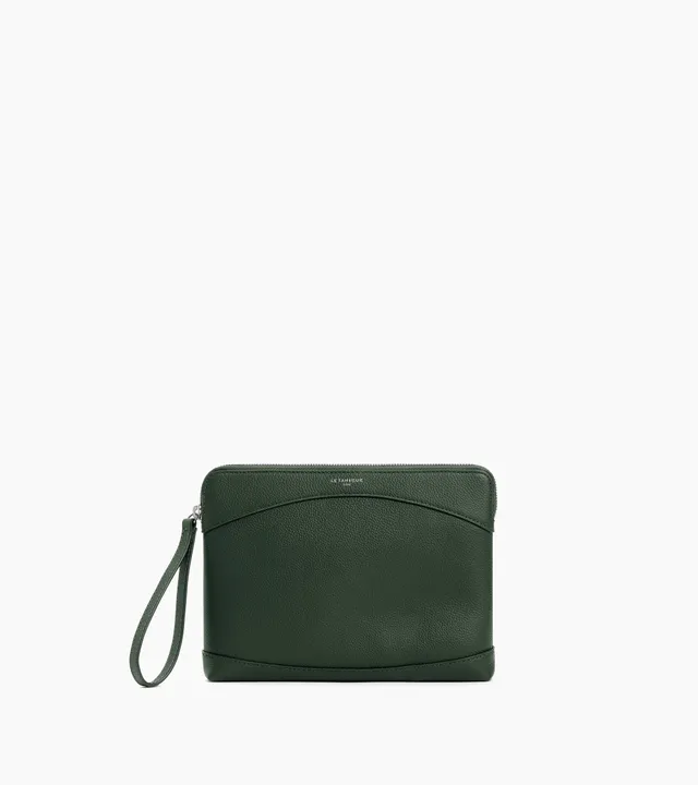 Le Tanneur pochette cuir grainé Green Malachite zippée