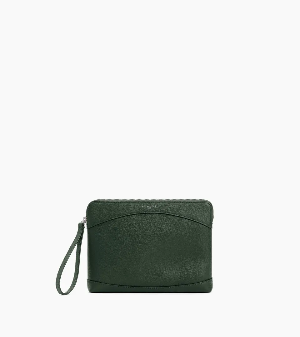 Le Tanneur pochette cuir grainé Green Malachite zippée