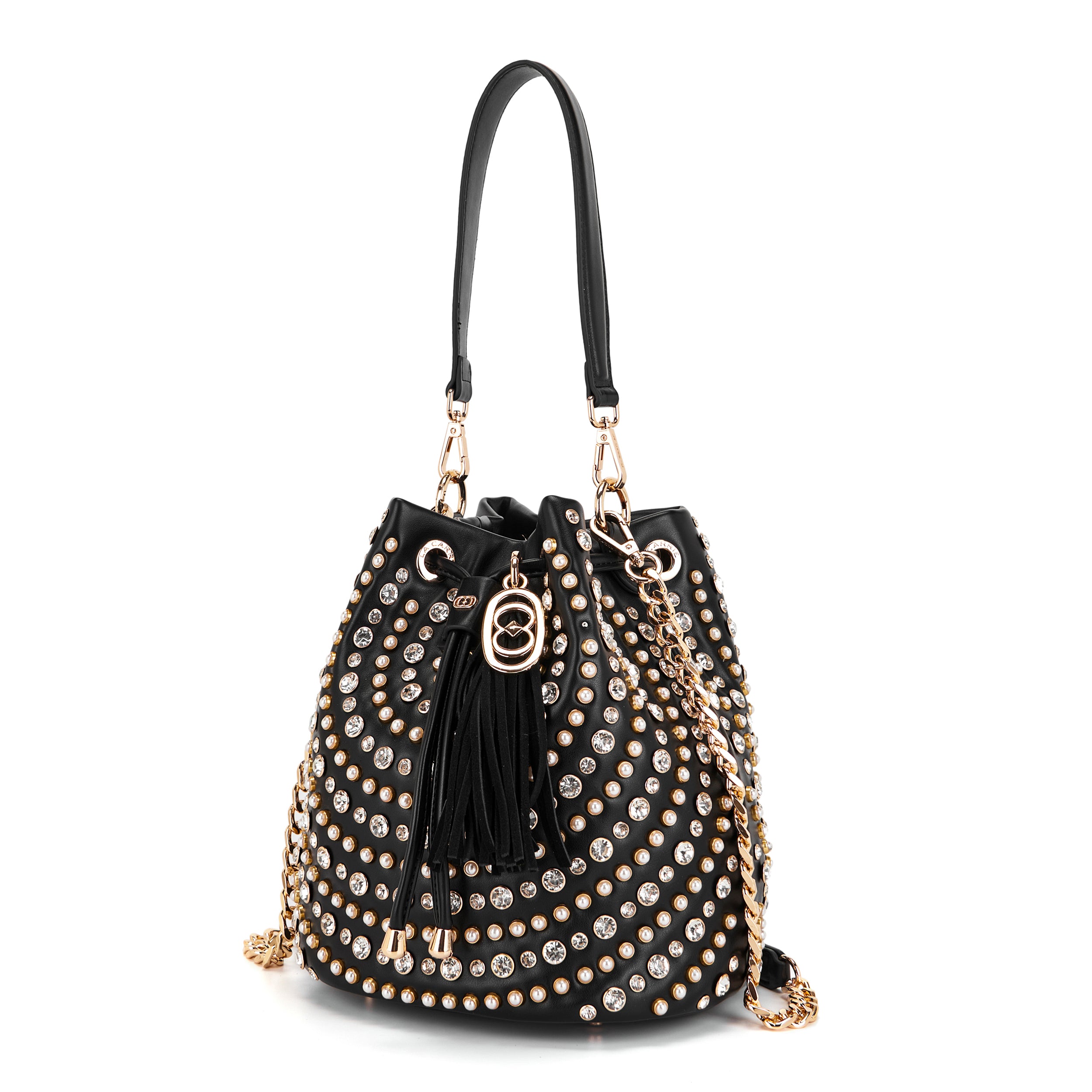 La Carrie Andromeda sac seau noir blanc 26 cm strass