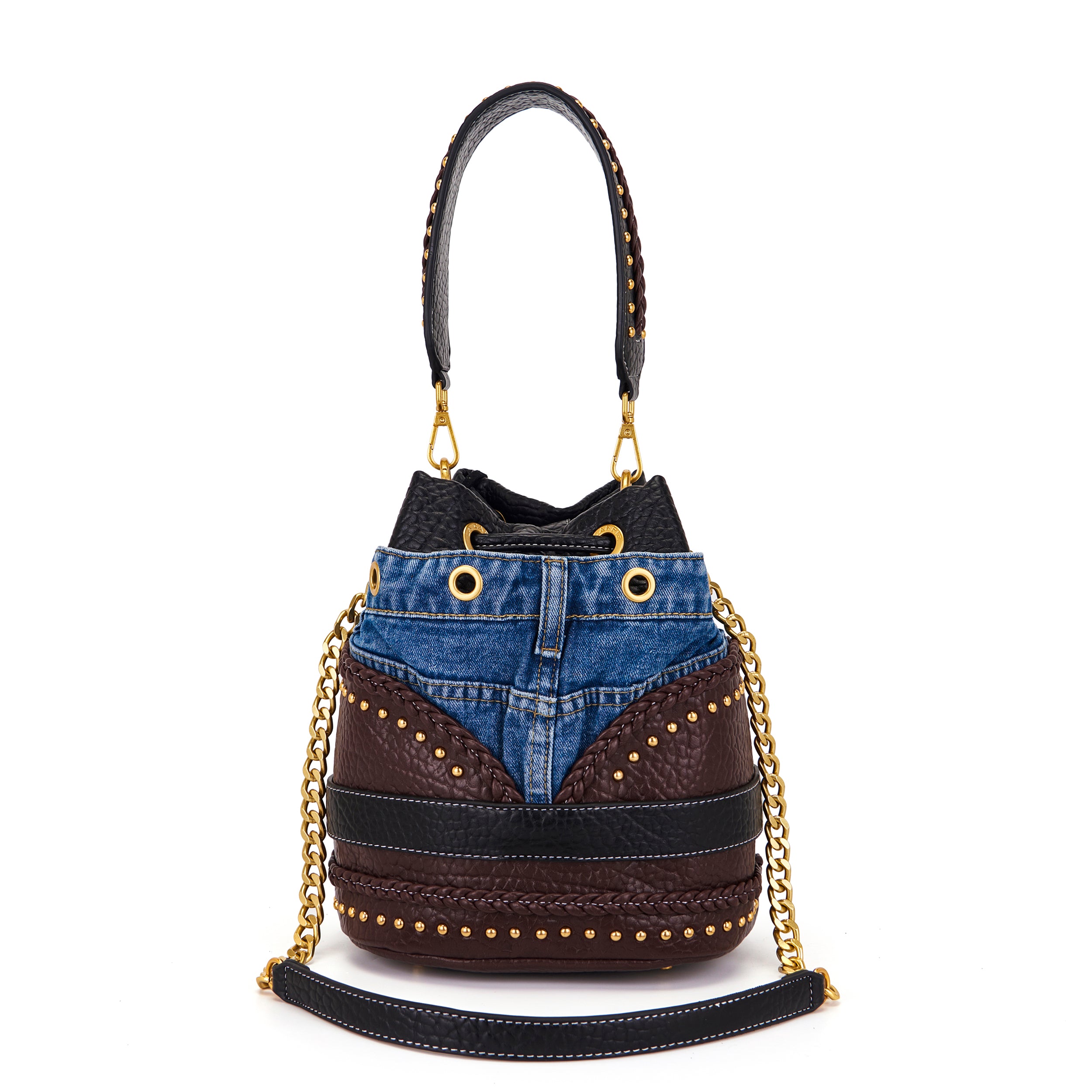 La Carrie Bagghy sac seau DARK BROWN denim et cuir