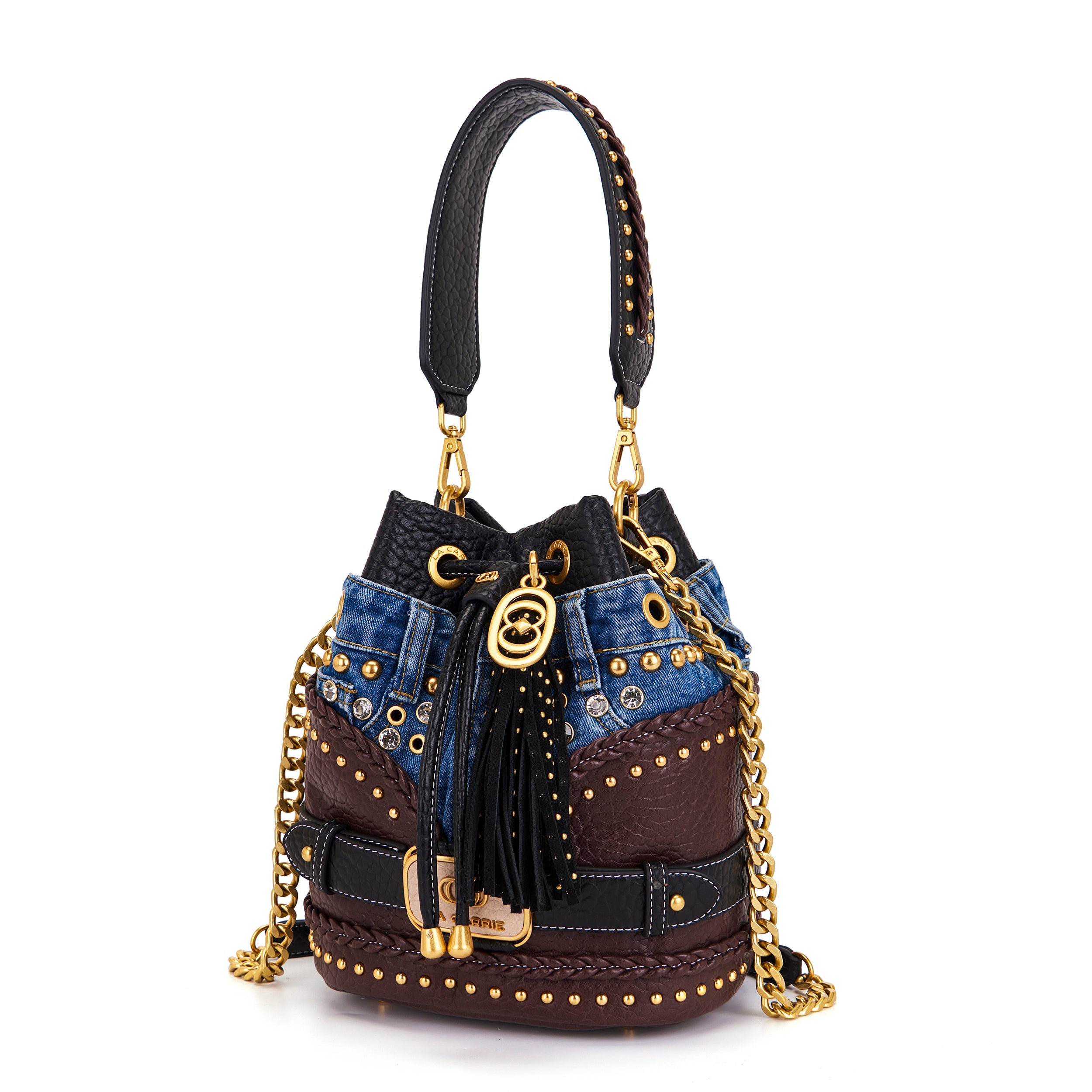 La Carrie Bagghy sac seau DARK BROWN denim et cuir
