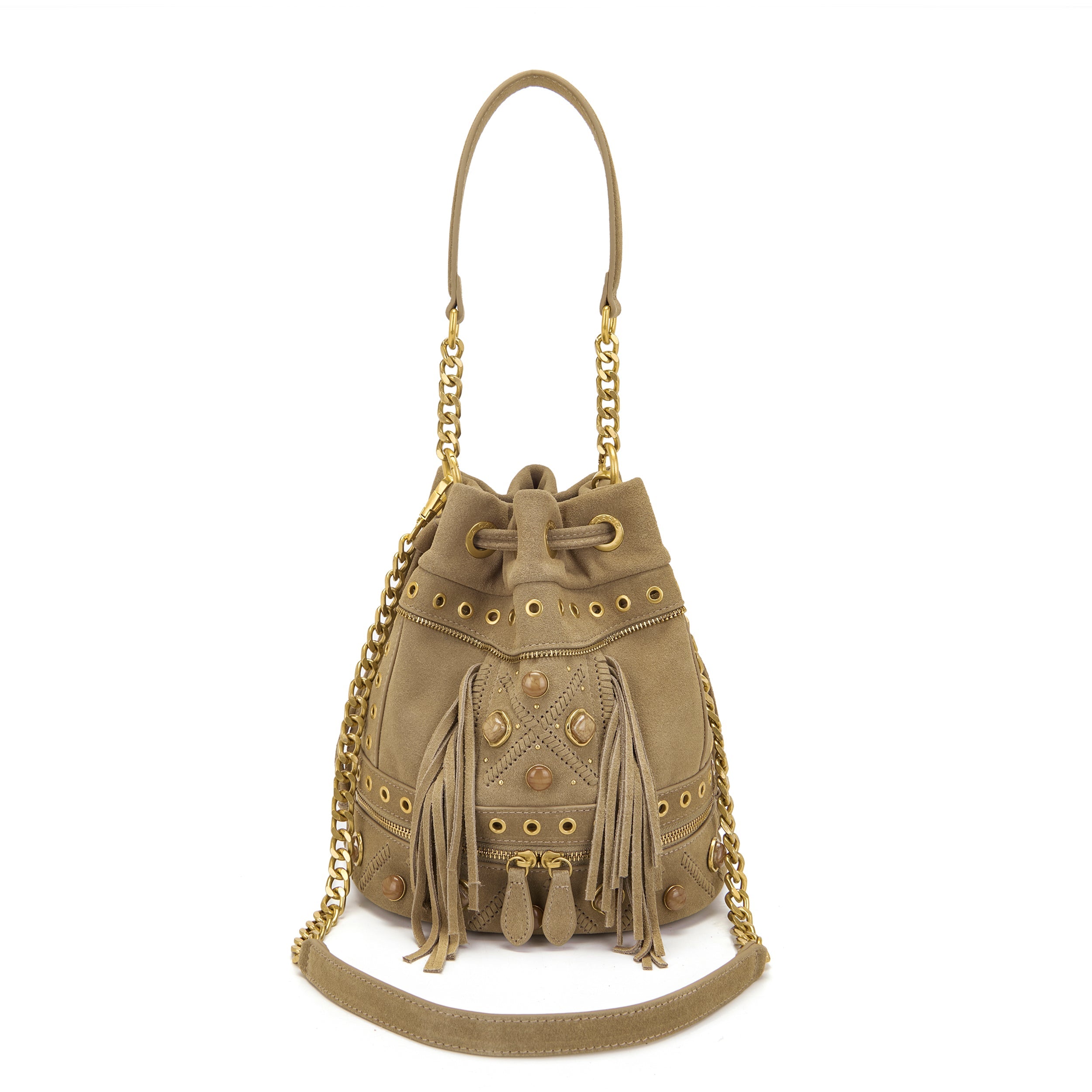 La Carrie Jungle sac seau taupe 24 cm cuir suédé