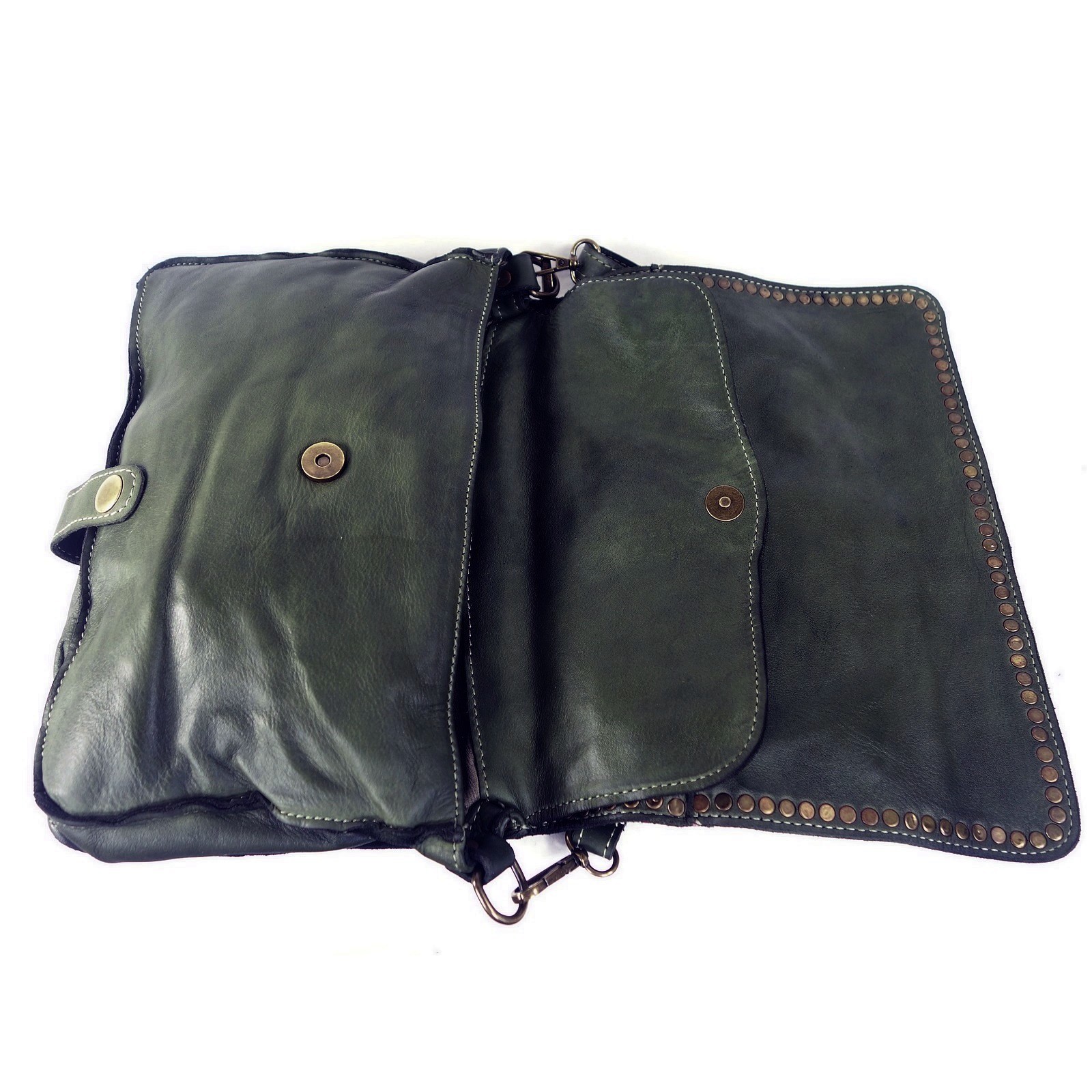 Collection Esprit Cuir GENA besace bandoulière cuir vert clous